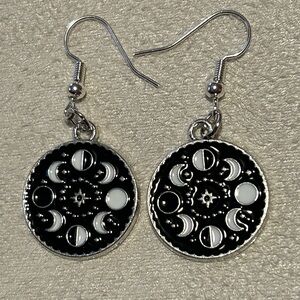Moon Phase Black Enamel Drop Earrings